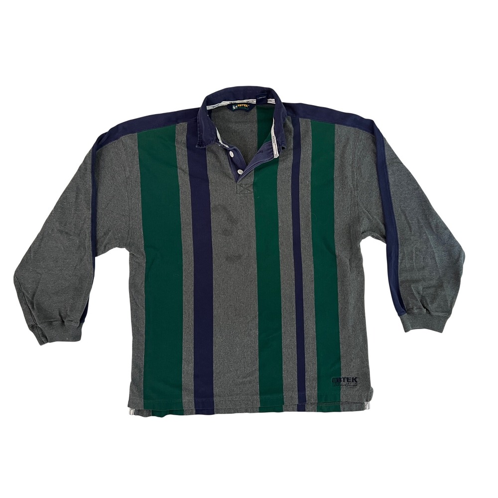 Vintage EBTEK Eddie Bauer Rugby Shirt Mens Large Grey Green Striped Long Sleeve